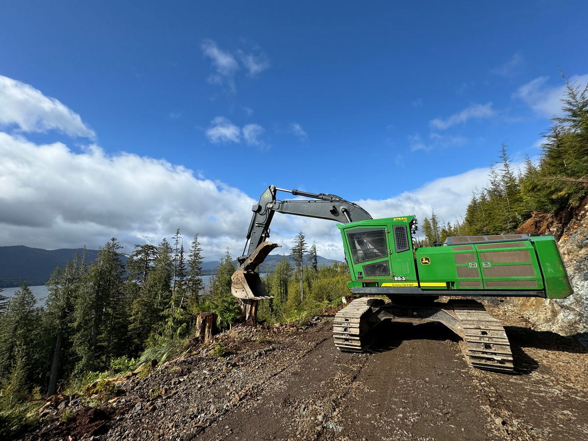Excavator working in forested landscape