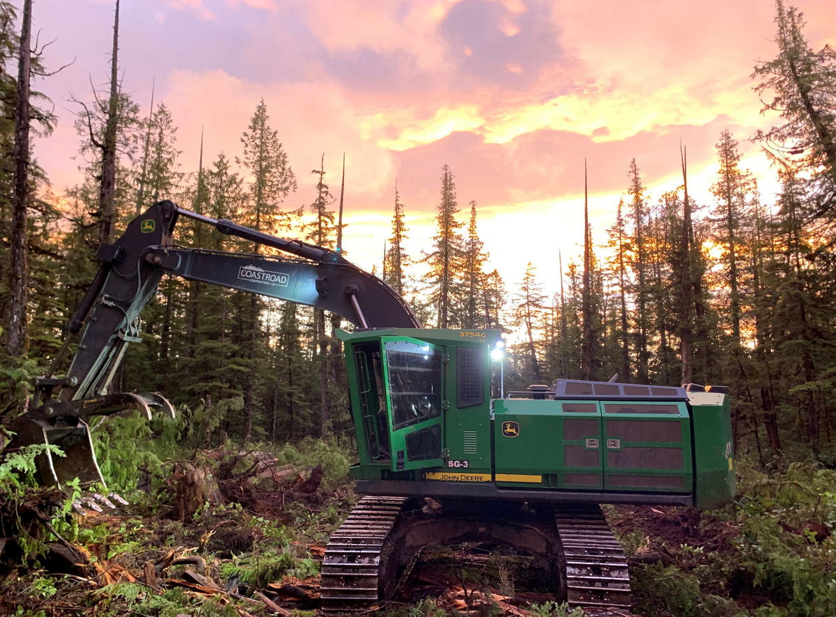 Coastroad BC Project gallery Excavator in forest at sunset