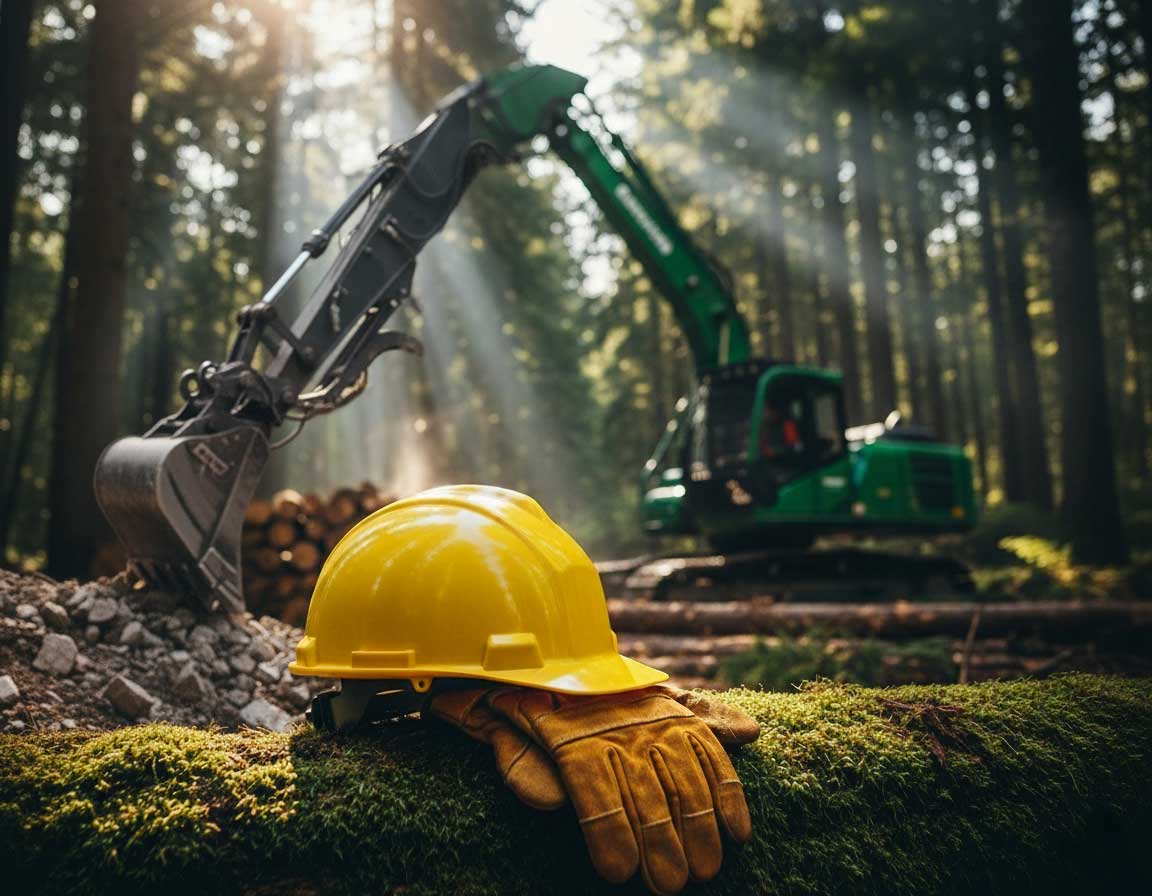 Excavator in forest, safety gear nearby.