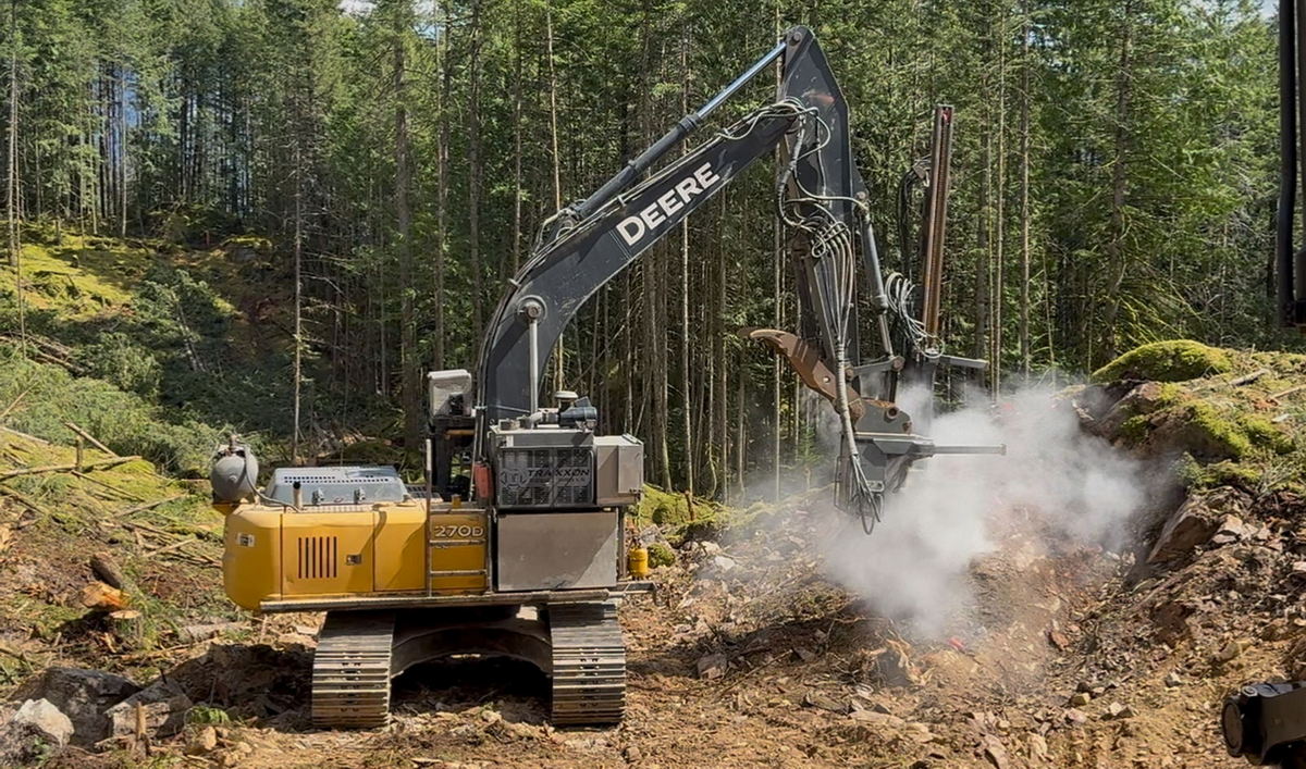Excavator working in forested area