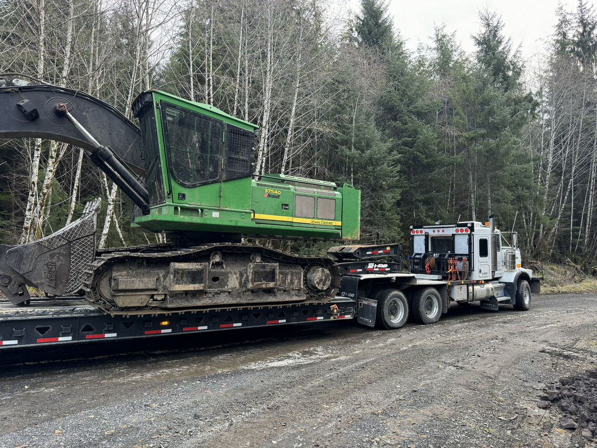 Excavator loaded on flatbed truck